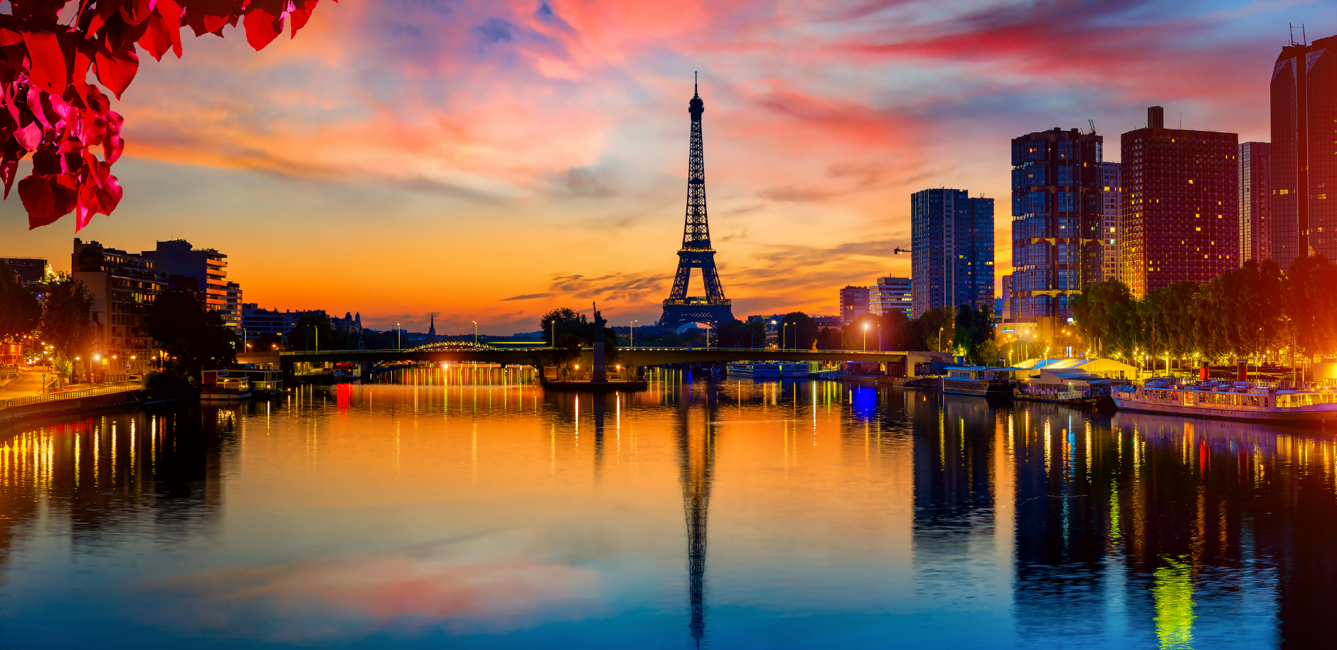 View of the Seine and the Eiffel Tower at sunset