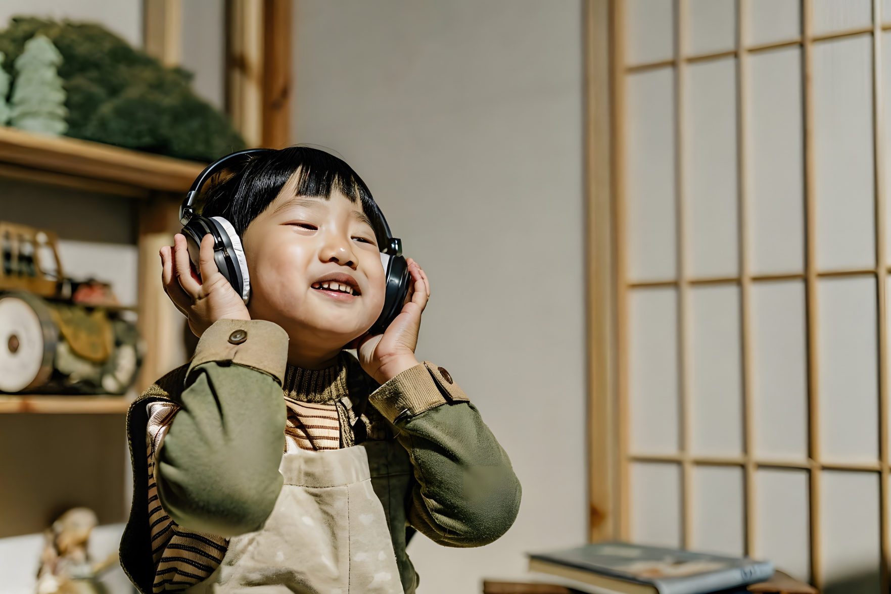 A small boy listening to music through headphones