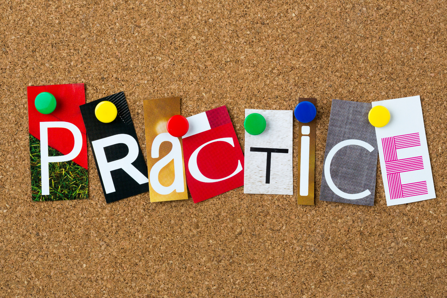 The word 'practice' pinned on a cork board