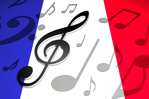 French flag with musical notes and treble clef overlaid