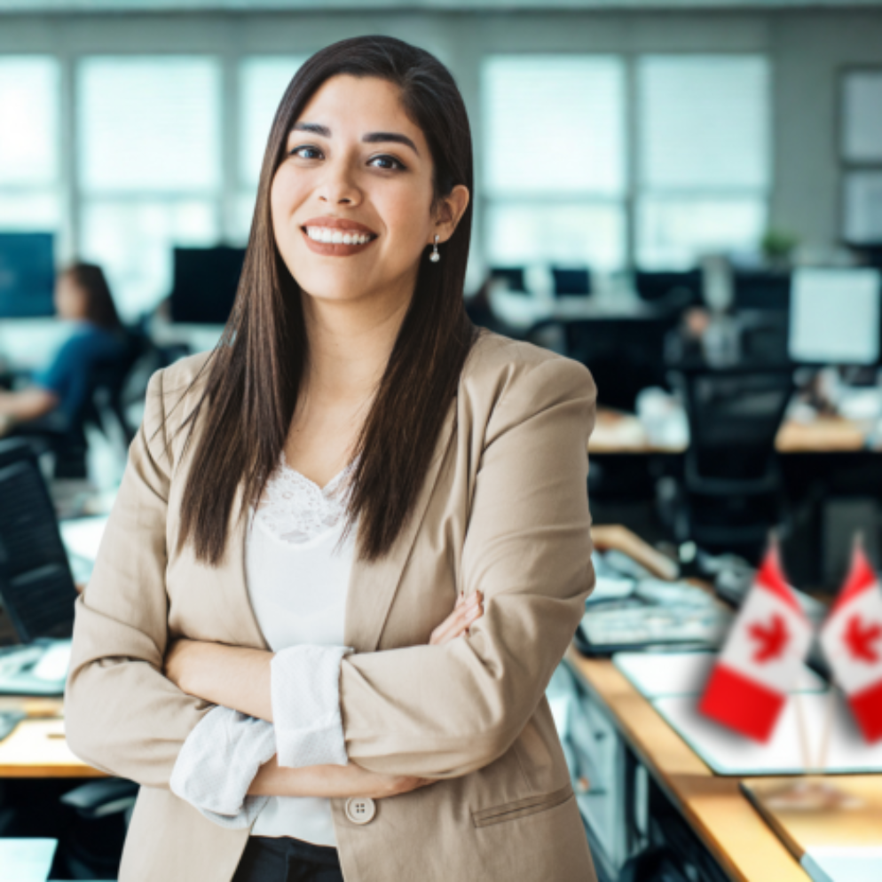 A woman in an office with Canadian flags behind her