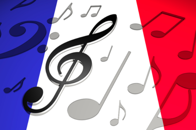 French flag with musical notes and treble clef overlaid