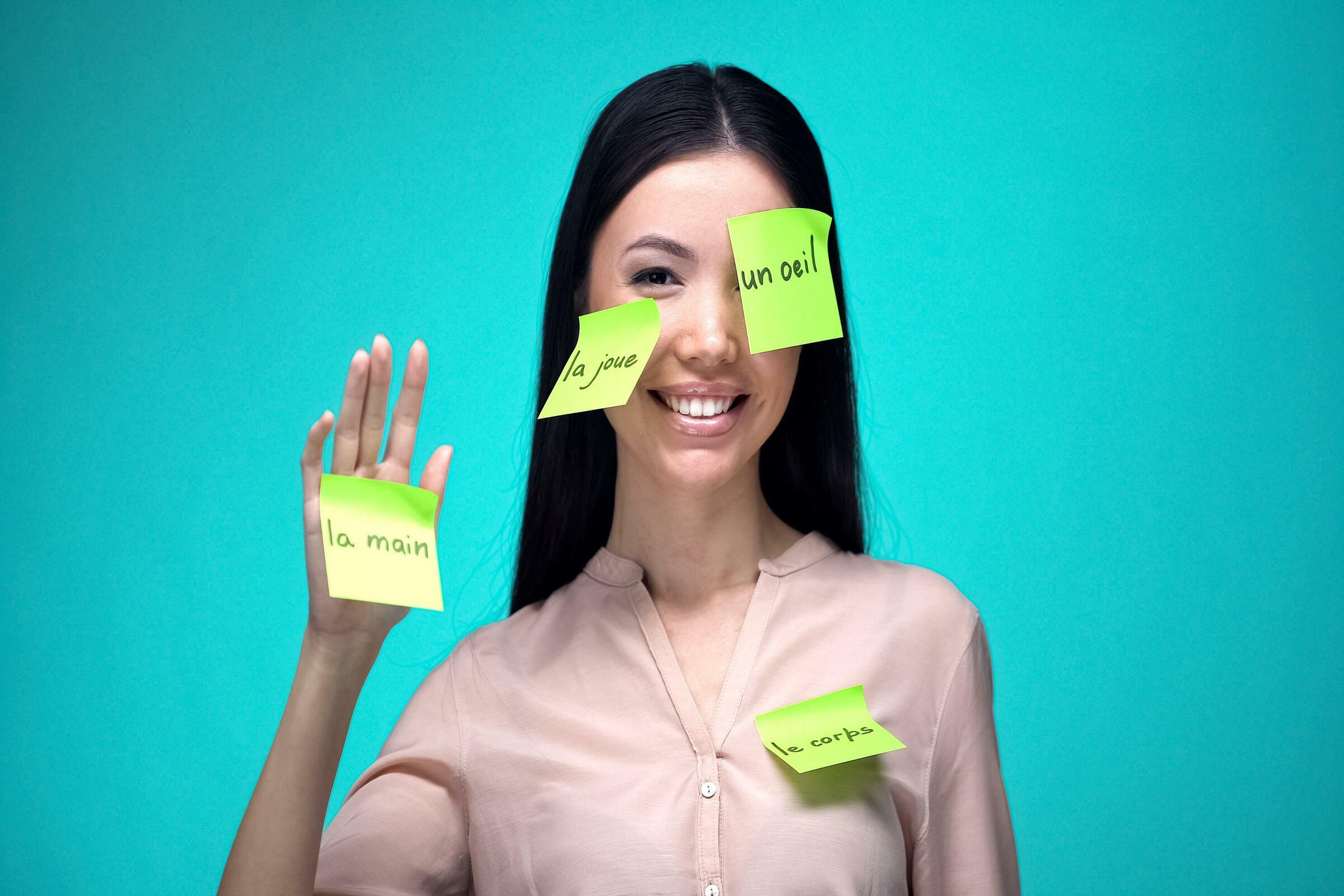Woman covered in sticky notes